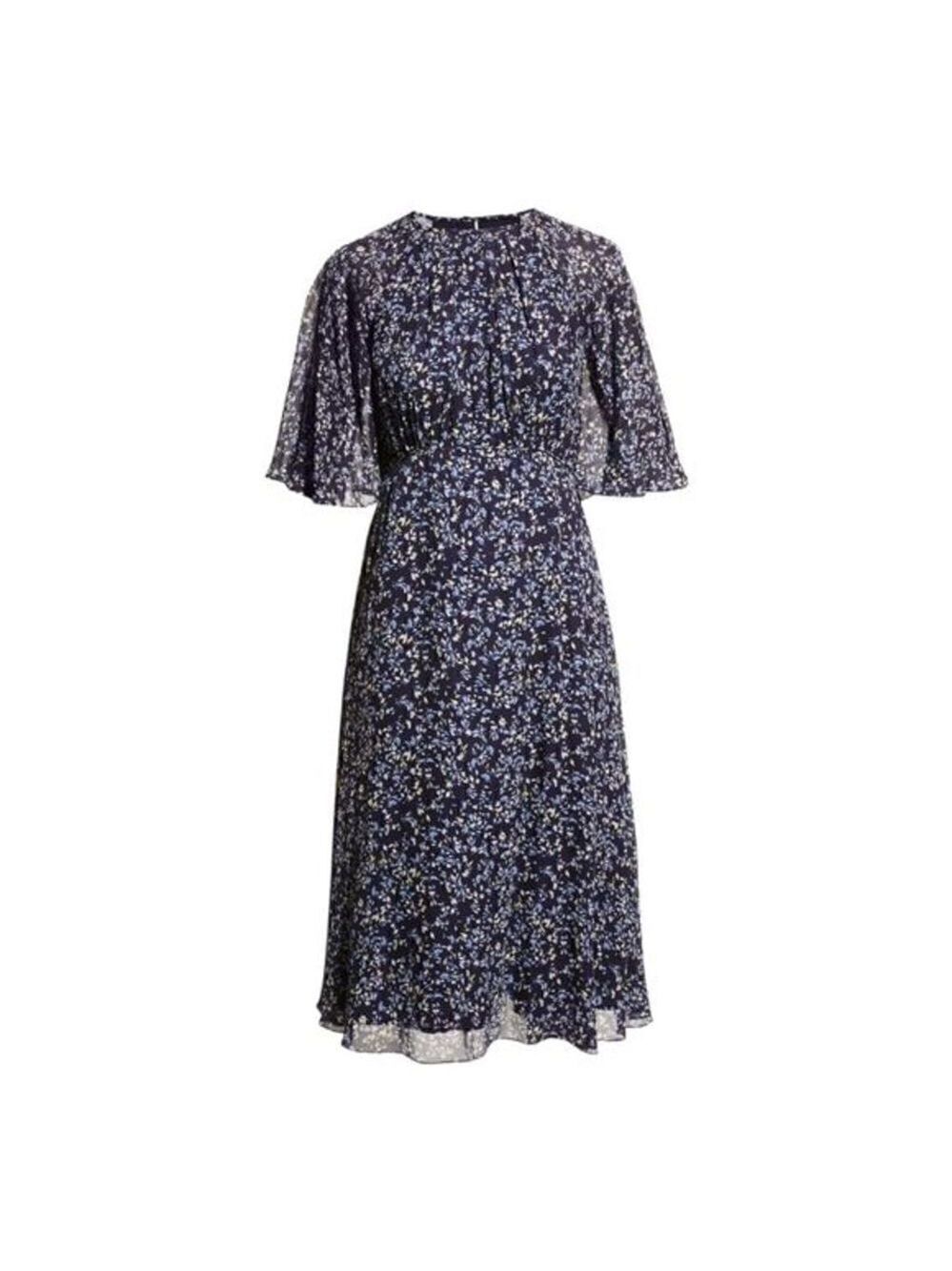 Teri jon by Rickie Freeman Blue Printed Chiffon Capelet Dress Size 4 NWT - Picture 2 of 5